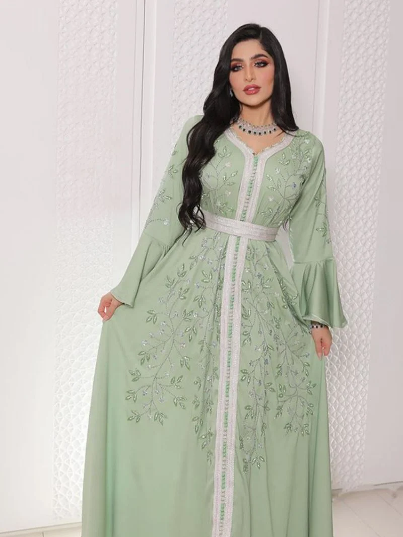 India Turkey Muslim Abaya Dresses Women Elegant Diamond Wedding Evening Party Dress Lace Belted Jilbab Abaya Morocco Caftan Robe