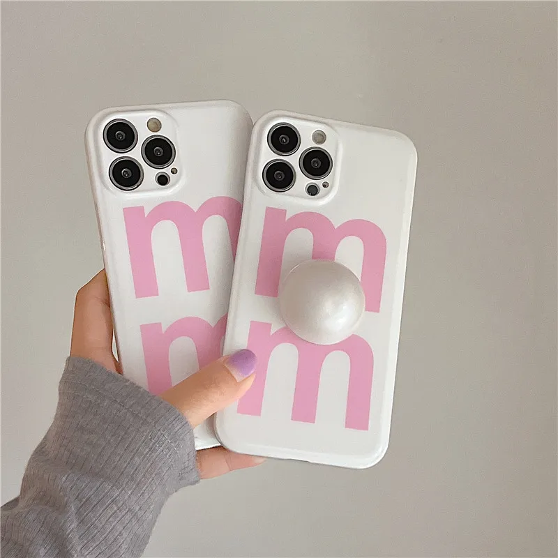 

For iPhone 14Promax 2023 New Ins Net Red Korean Style Small Letters Concise White Pearl Bracket Mobile Phone Soft Case 14Pro 13