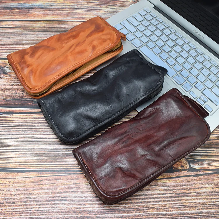 

Hand-made Old Washed Tanned Genuine Leather Men's Hand Baotou Layer Cowhine Wallet Multi-functional Large Capacity Money Clip