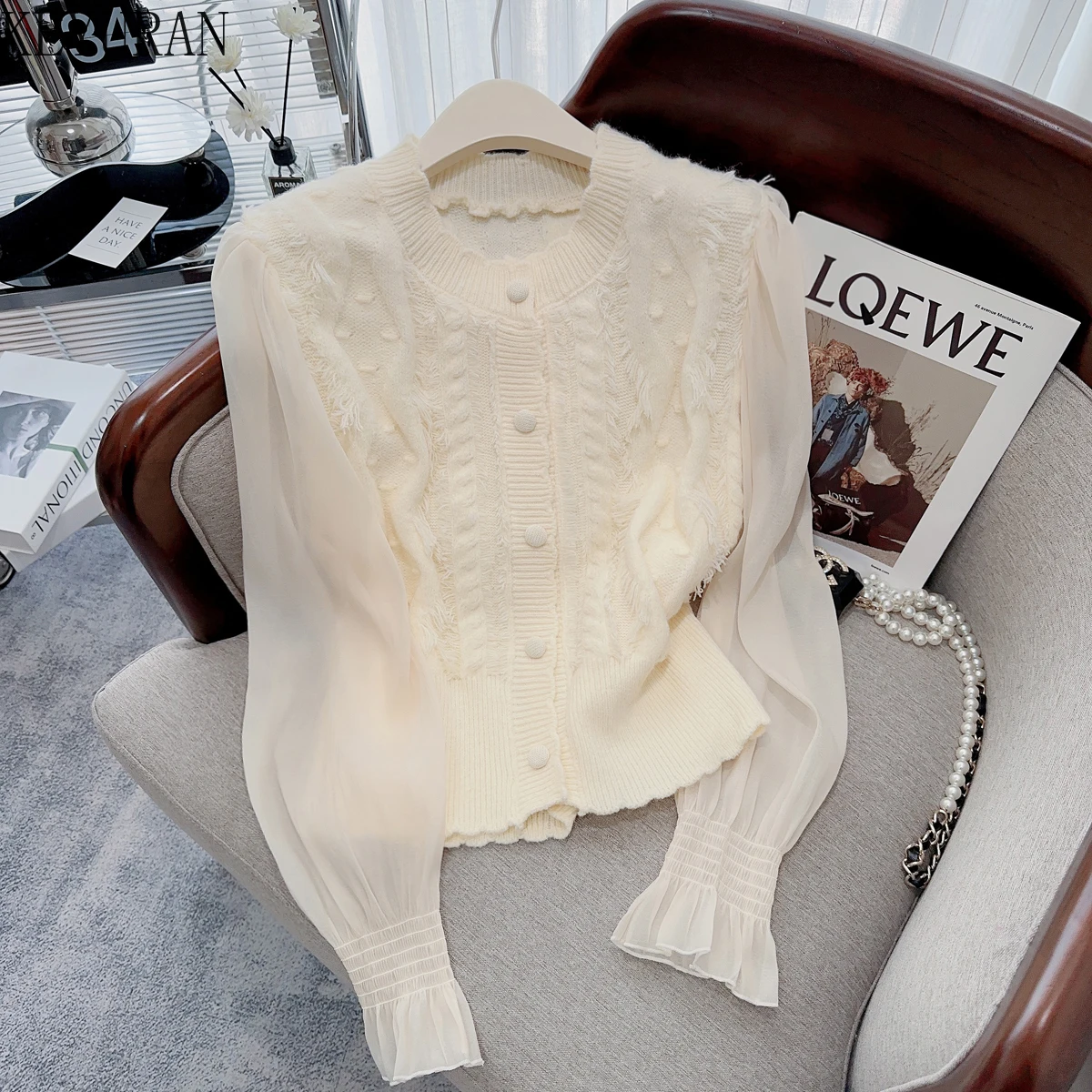 

2023 Autumn Korean Fashion Tassel Knitted Cardigan Sweater Women's New O-Neck Chiffon Long Sleeve Patchwork Knitwear Tops Jumper