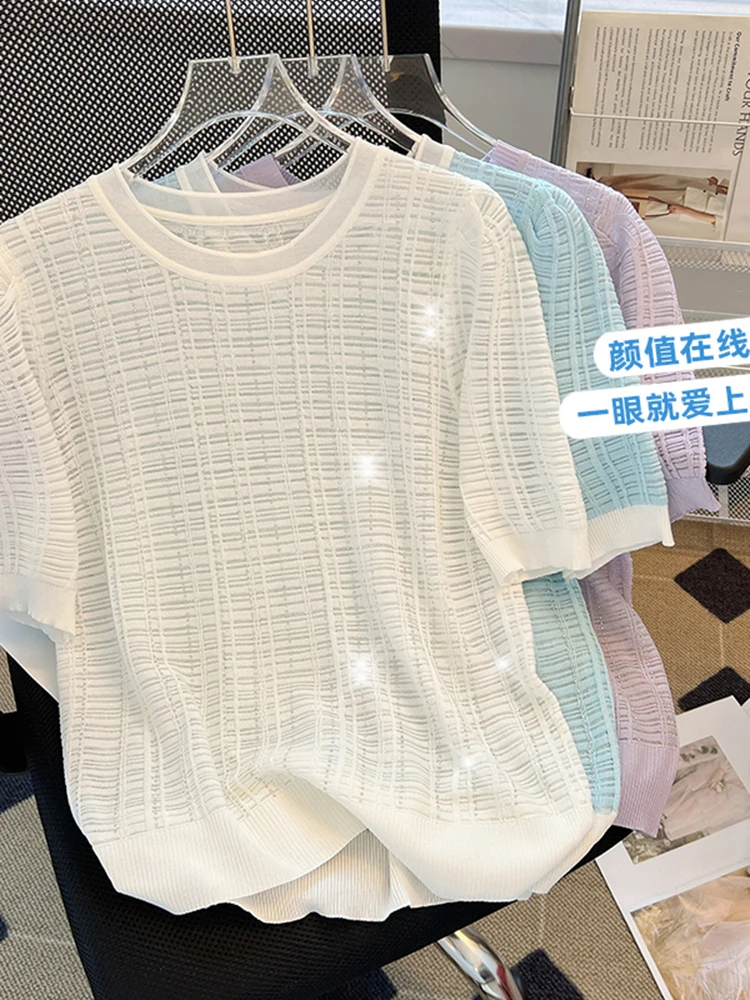 

2023 Summer Round Neck Knit Women's Hollow Out Bubble Sleeve Thin Short Top