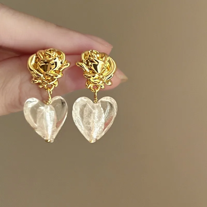 

French Vintage Glass Love Heart Earrings for Women New Girl Gold Color Metal Flower Hanging Dangle Earrings Jewelry Gifts