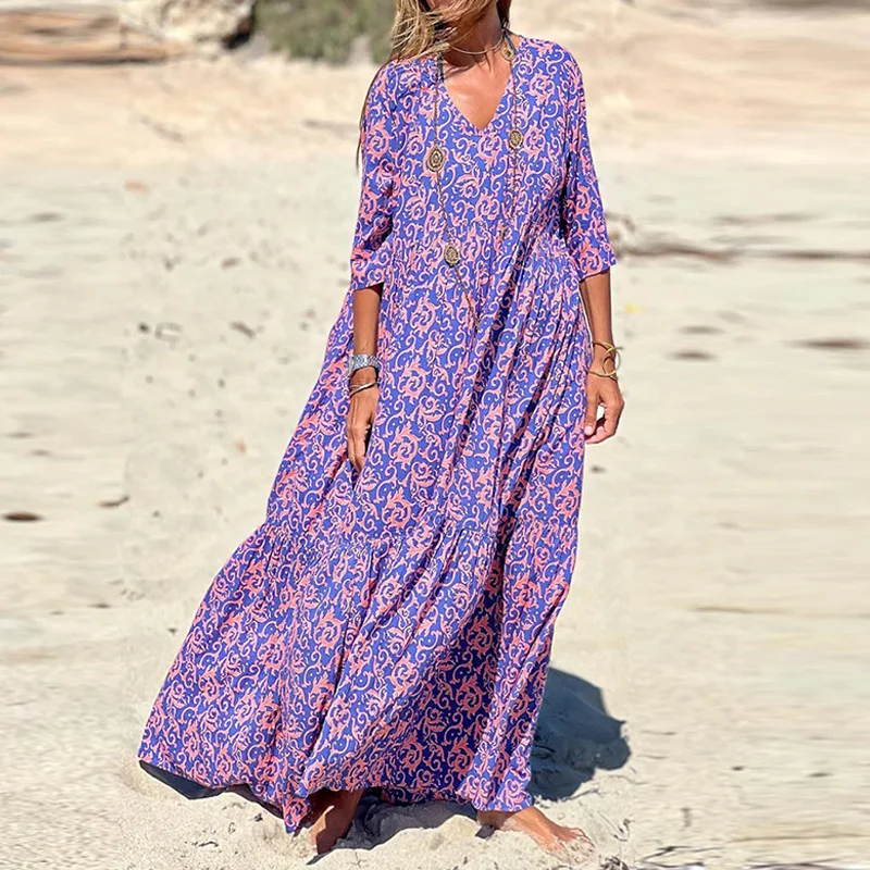 

2023 Summer Causal V Neck Half Sleeve Dresses Female New Loose Boho Dress Vestidos Women Retro Printing Holiday Beach Maxi Dress