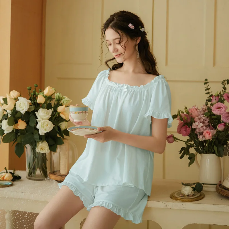 Roseheart Sexy Women White Pink Blue Sleep Nightwear Suits Night Bow Pajama Sets Sleepwear 2 Pieces Backless Shorts Homewear