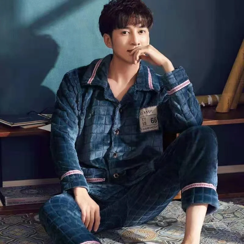 Two Piece  Long-Sleeved Trousers Pajamas Sets Men Lounge Wear Coral Fleece Male Sleepwear Winter Warm Pyjamas Suits