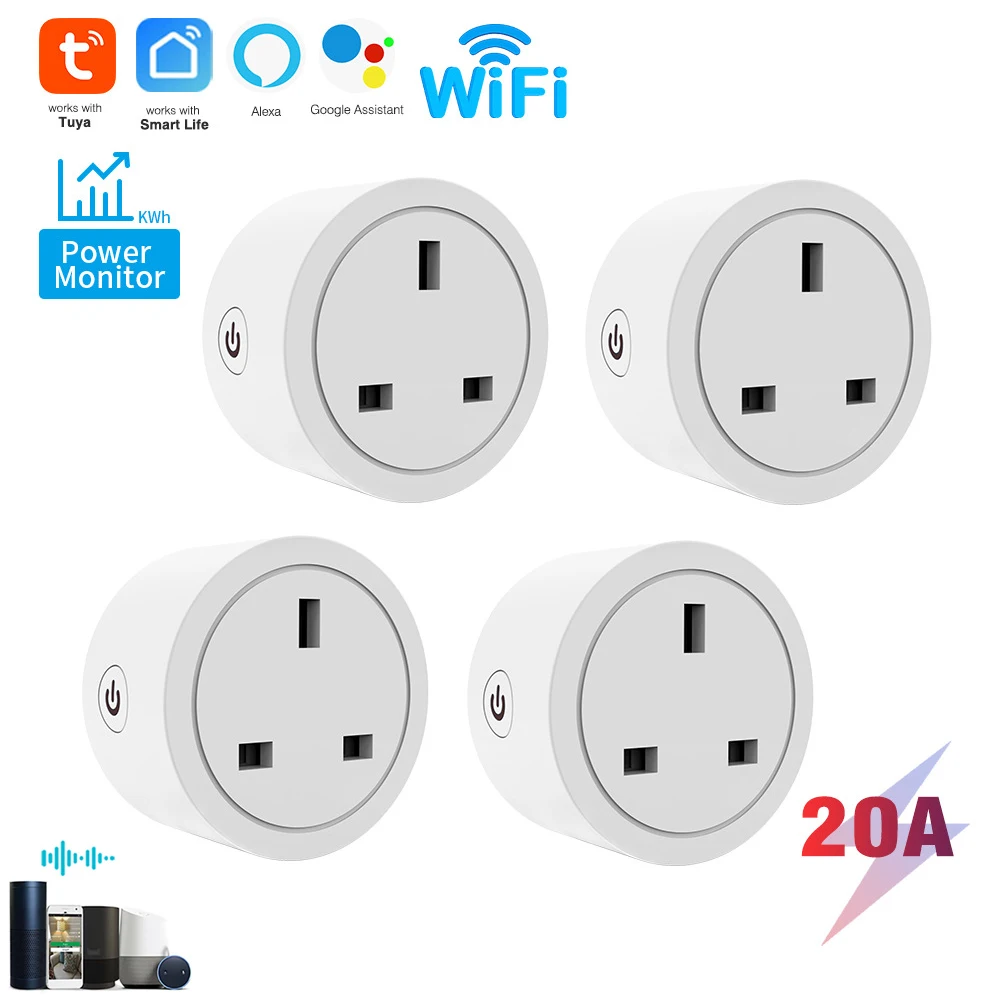 

20A Tuya Smart Wifi Plug UK, Wireless Control Socket Outlet with Energy Monitering Timer Function, Works with Alexa Google Home
