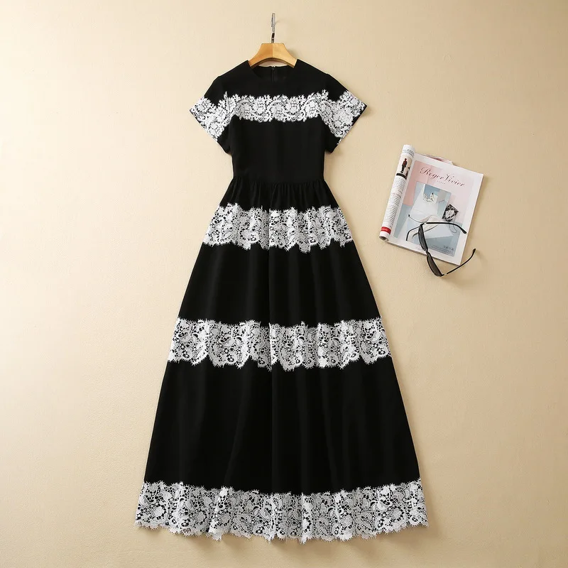 European and American women's dress 2023 summer new style Round neck short sleeve black and white lace Fashion pleated dress XXL