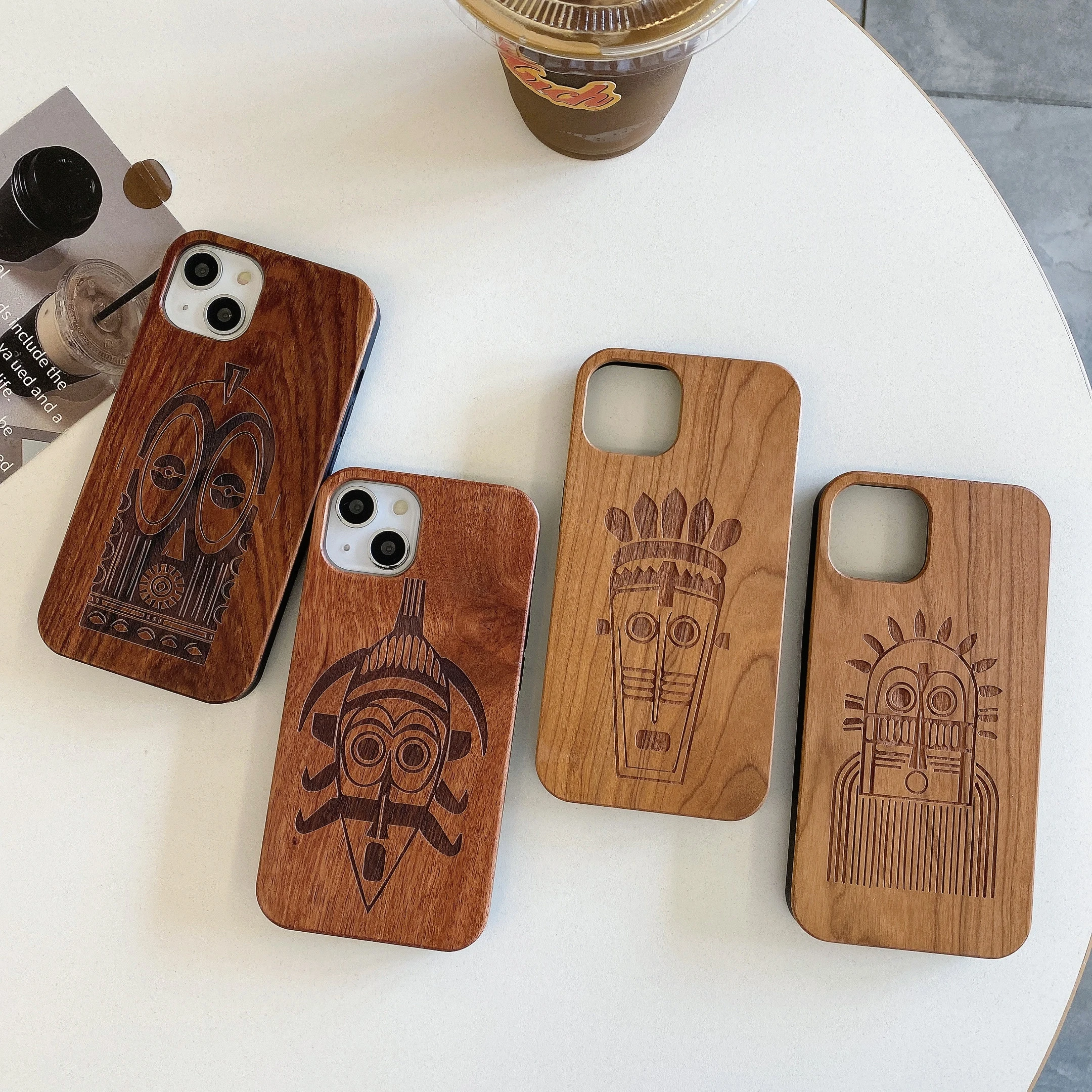 

African National Totem Real Wood Phone Case For iPhone14 14ProMax 14Plus 13Promax 13 12 11 Cherry Walnut Wooden Cover