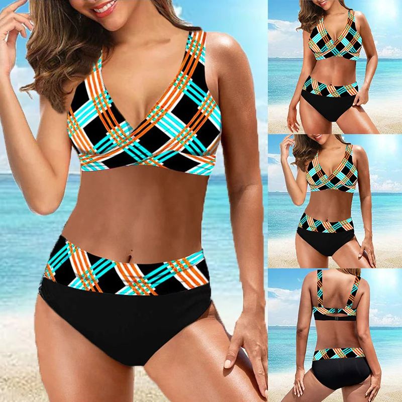 2022 Women Swimsuit Summer Female Sexy Trend Swimwear Ladies Two Pieces Set Loose Size Tankini Vintage Printing Bathing Suit