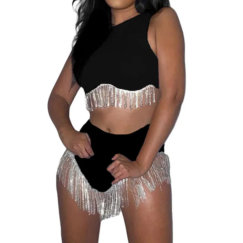 

Женский костюм из двух предметов, короткий комплект из топа без рукавов и шортов с блестками и бахромой, лето 2023