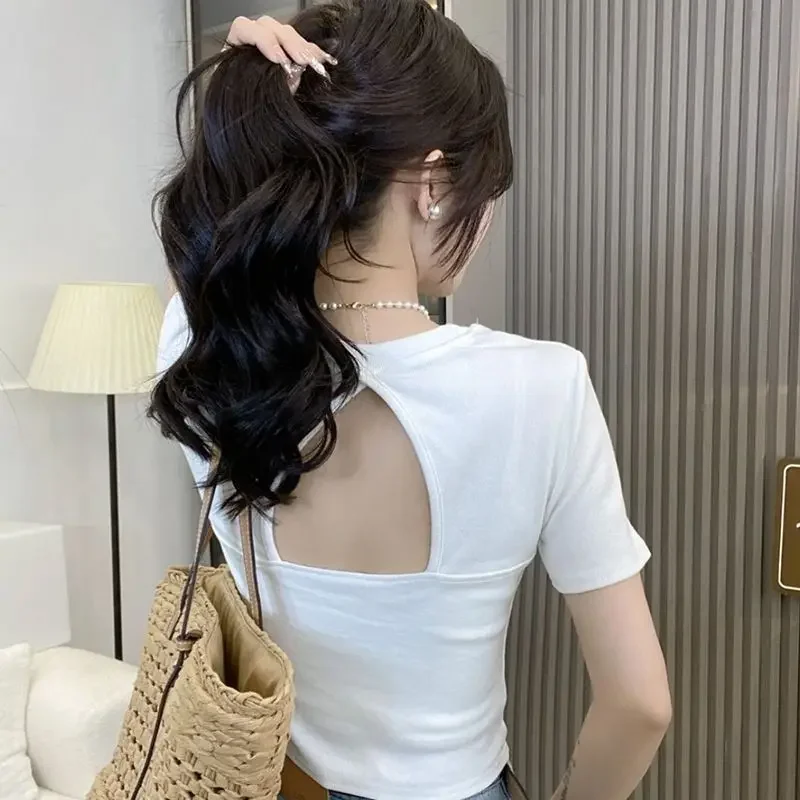 Korean Style Niche Open-back Top Women's Summer Newbie Sleeve T-shirt Cropped Slims Smooths Silhouette Slimming Design