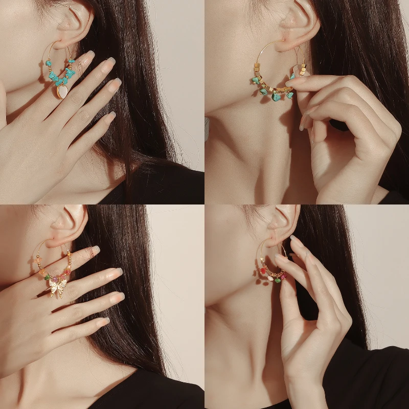 

Bohemian Earrings for Women Round Colored Turquoise Hoop Earrings Ethnic Style Cutout Butterfly Earrings Jewelry for Women