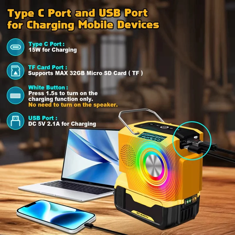 Portable Bluetooth Speaker For Dewalt 18-20V Li-Ion Battery With USB Type-C Output Port Player Loudspeaker