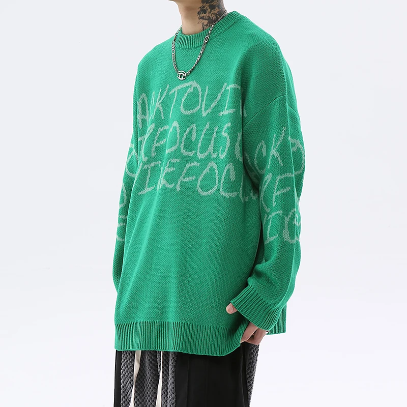 

Japanese Retro Letter Print Round Neck Pullover Men's Sweater Harajuku Oversize Spliced Knitted Casual Couple Winter Clothes