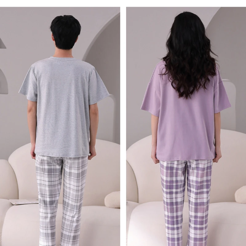 Pajamas Couple Summer Pure Cotton Thin Shortsleeved Trousers Simple and Casual Home Suit with Round Neck Comfortable Leisurewear