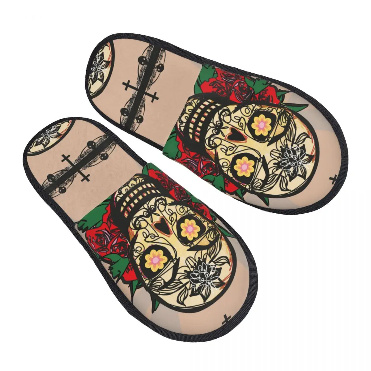 

Мексиканские романтические пушистые зимние теплые тапочки с черепом и розой