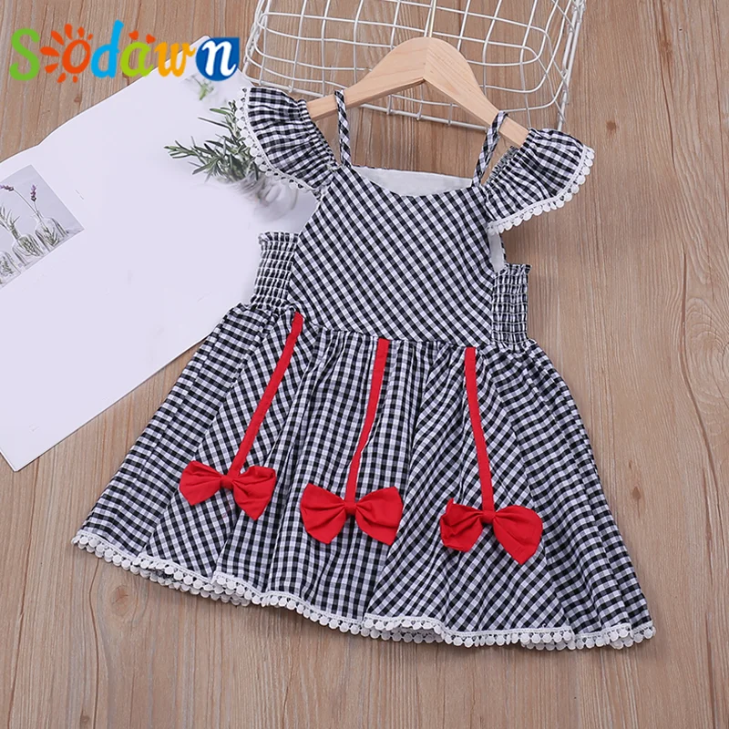 

Sodawn Summer Plaid Suspenders Fly Sleeve Party Princess Dress Bow Decoration Dresses For Girls Clothes For 2-6 Years