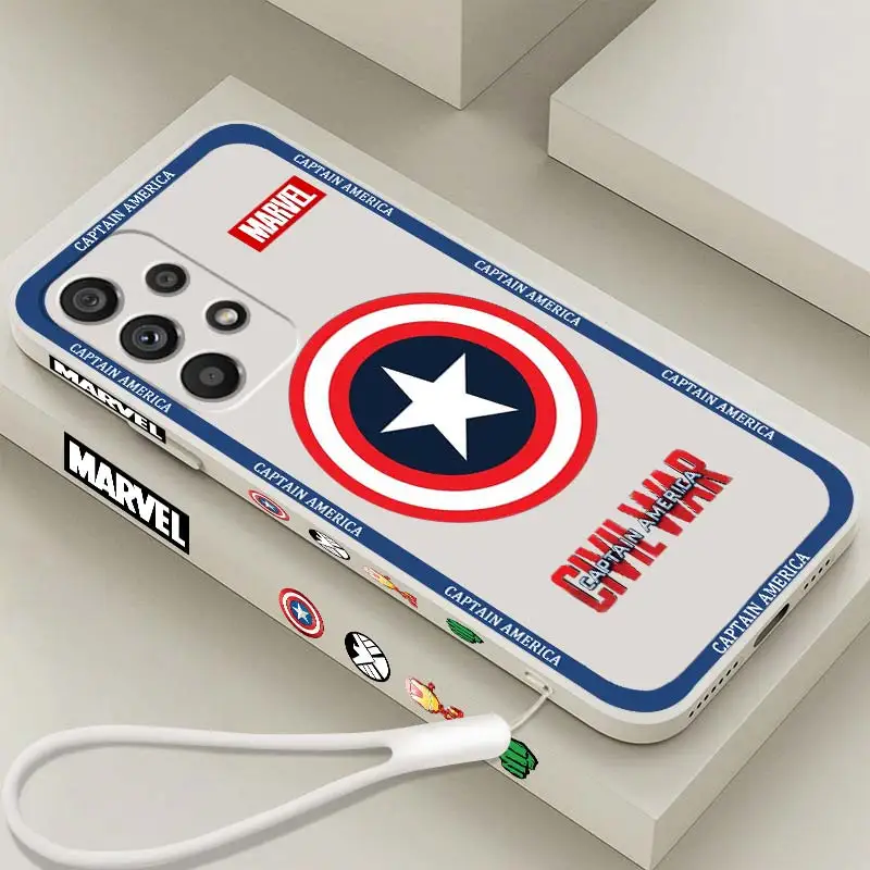 

Marvel Captain America Logo Phone Case For Samsung Note 20 10 A54 A31 A14 A03 A22 A34 A04 A24 Ultra Plus 5G Liquid Left Rope