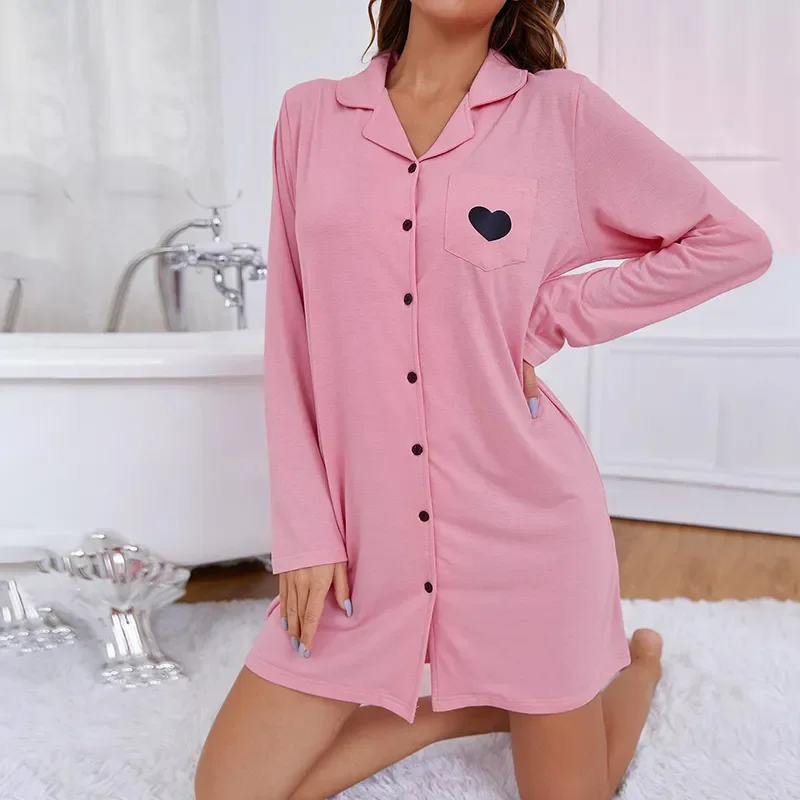 

Nightgowns Women Winter Long Sleeve Turn Down Collar Sleepwear Mid Dress Casual Casual Homewear Buttoned Shirt Female Loungewear