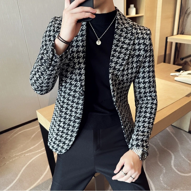 Осень-зима 2023 клетчатые мужские пиджаки утепленные повседневные деловые костюмы