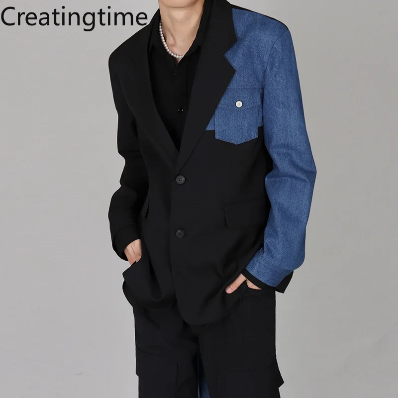 

Creatingtime 2022 Spring New Korean Style Trend Men's Denim Stitching Contrast Color Jacket High-end Handsome Blazer GA747