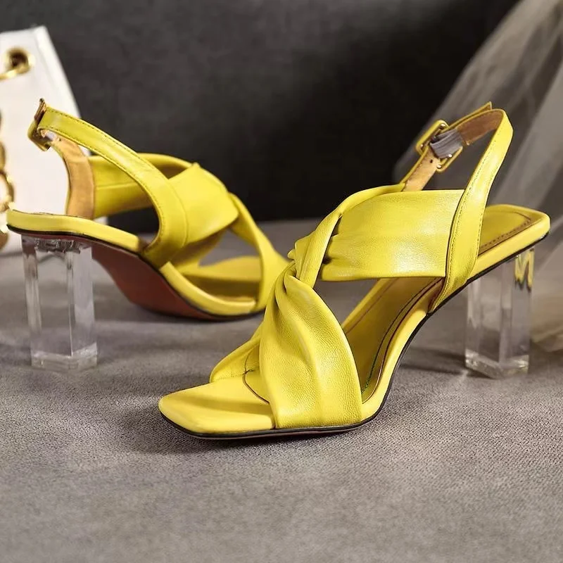 

2022 Summer Designer The New Women's Sandals Fashion Sexy Crystal Heel Square Head Cross Fish Mouth Pu Open Toe Dress Shoes