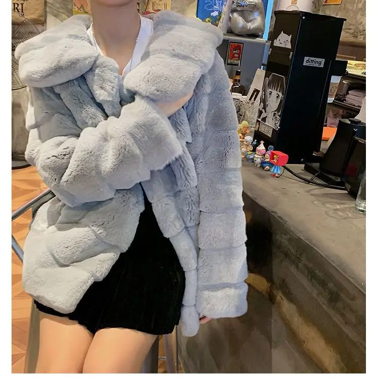 Women's Leather Fur Coat Autumn and Winter Imitate Rex Rabbit Fur Fur Coat Women's Mid-Length Slim-Fit Fur Coat Faux Fur Coat