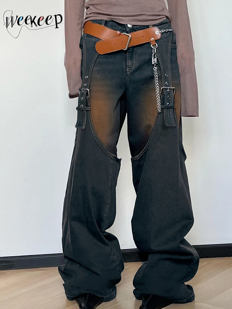 

Weekeep y2k Streetwear Retro Jeans Women Chic Patchwork Fake Two-piece Denim Cargo Pants 90s Vintage Clothing Harajuku Jeans New