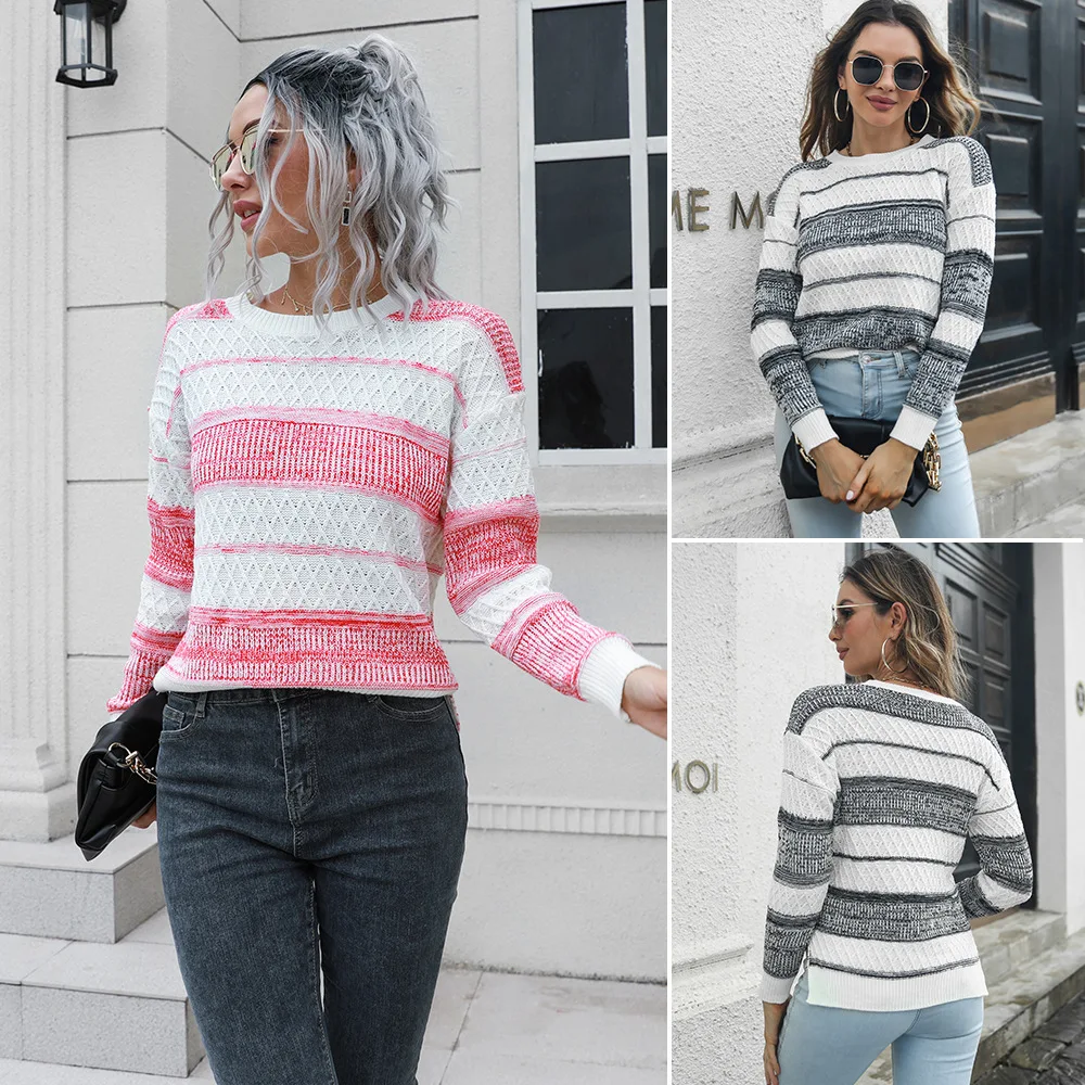 

Женский вязаный свитер в полоску, элегантный Свободный пуловер с длинным рукавом и круглым вырезом, Осень-зима 2022