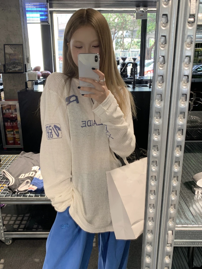 

Long Sleeve Letter Print High Street Tshirts O Neck Casual Sunscreen Tops Loose Tees Women American Hollow Out Y2k Camisetas
