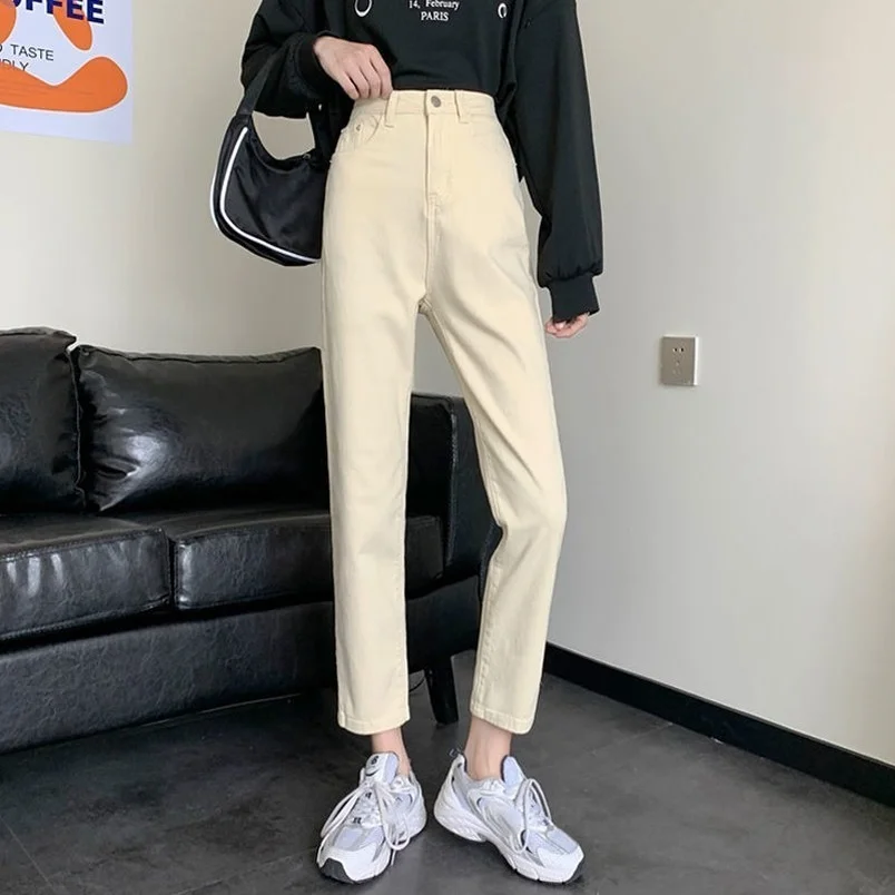 

Женские джинсы с высокой талией, универсальные брюки из денима, винтажные черные однотонные осенние мешковатые шикарные уличные повседневные брюки в Корейском стиле ольччан