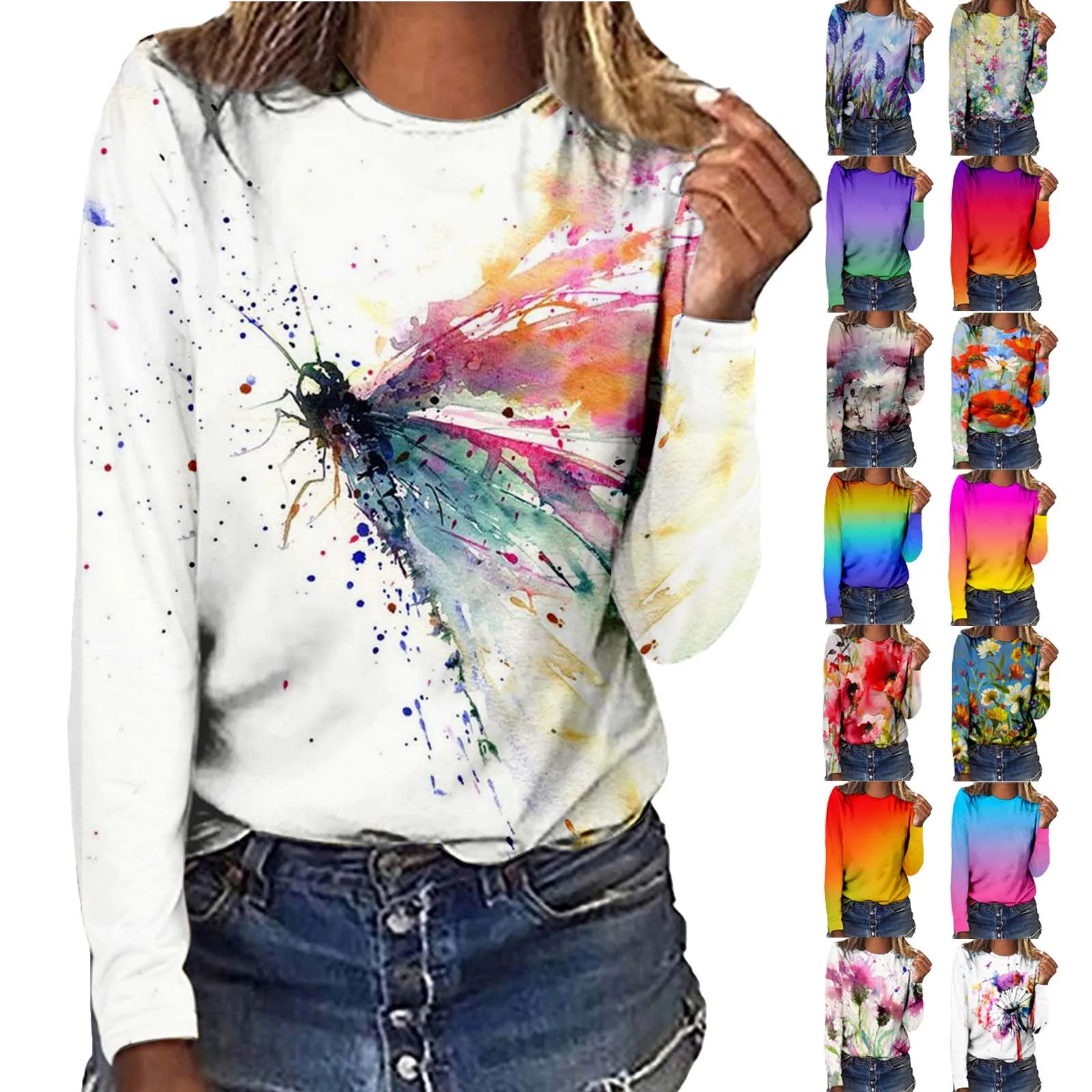 

Women Summer Casual Round Neck Flower Printed Long Sleeve T Shirt Top Short Sleeve T Shirts for Women