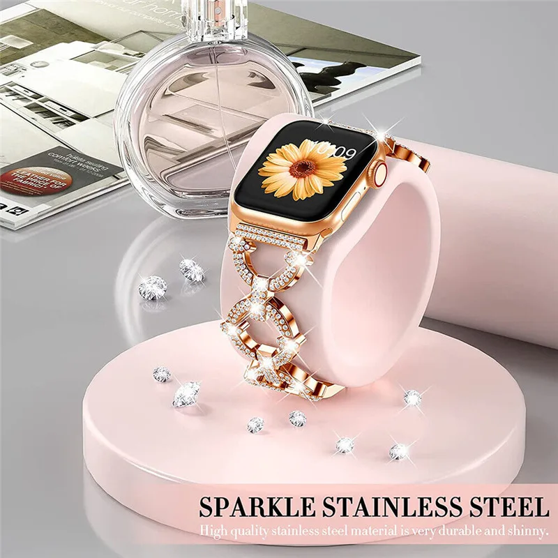 

Bling Diamond Round Handmade Rhinestone Band Smart Strap Bracelet for Apple Watch Series 7 6 5 4 3 2 SE 41mm 45mm