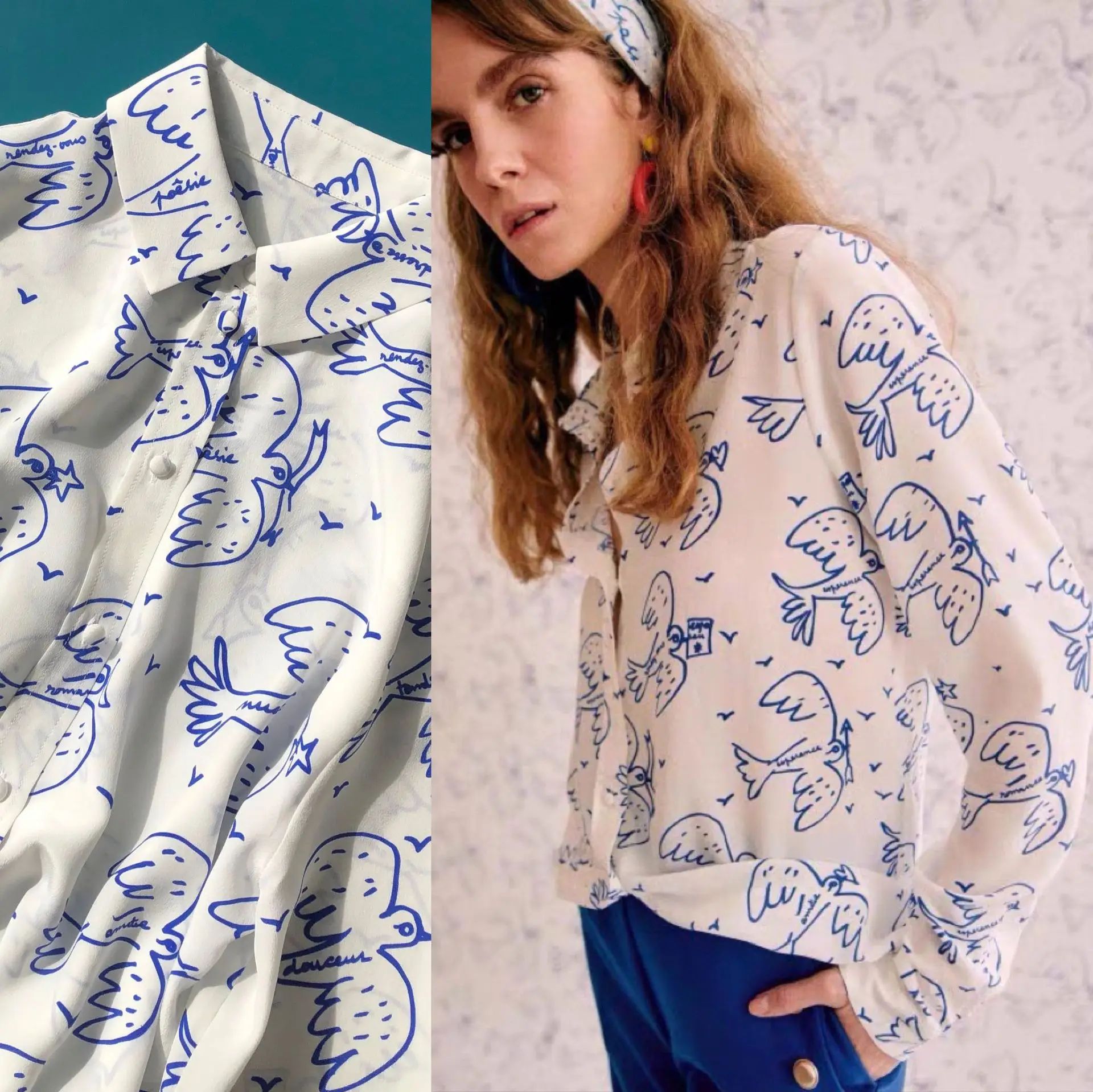 

Women's Blouse Hand-painted Turn-down Collar Vintage Shirt