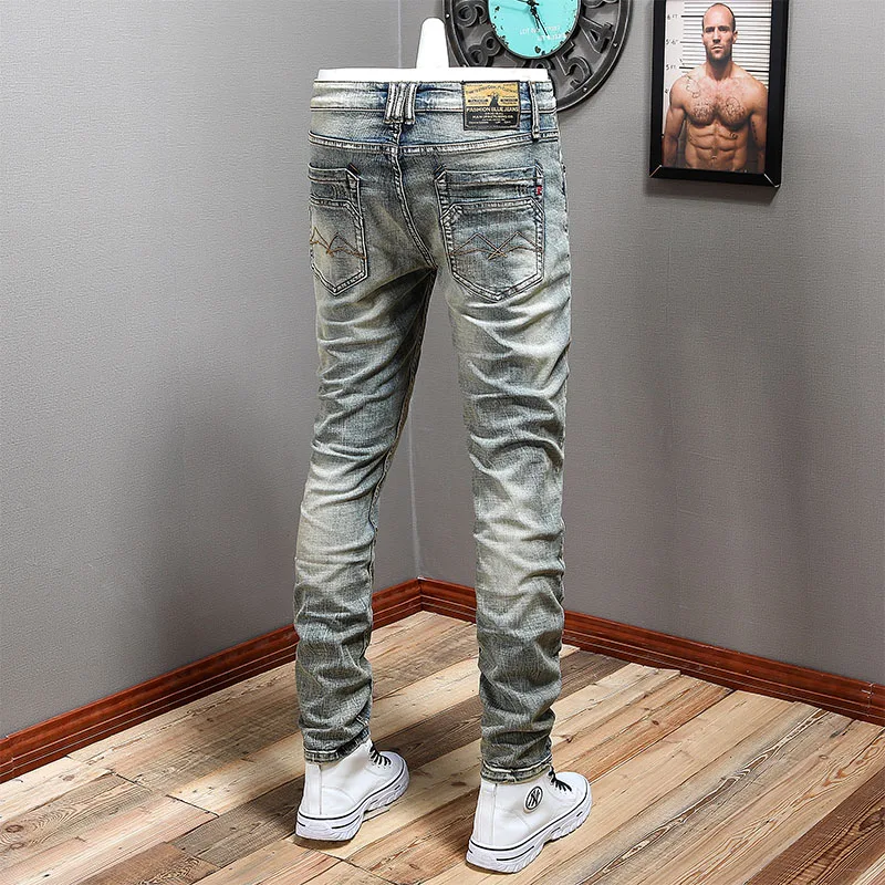 Italian Designer Fashion Men Jeans Stretch Elastic Slim Fit Ripped Jeans Men Vintage Trousers Velvet Winter Warm Pants Hombre