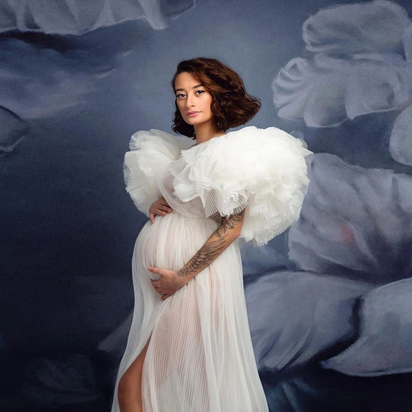 

Sexy Puffy Ruffled Sleeves Tulle Dresses Maternity Kleid Women High Split V-Neck Draped See Thru Pleated Photo Shoot Mesh Dress