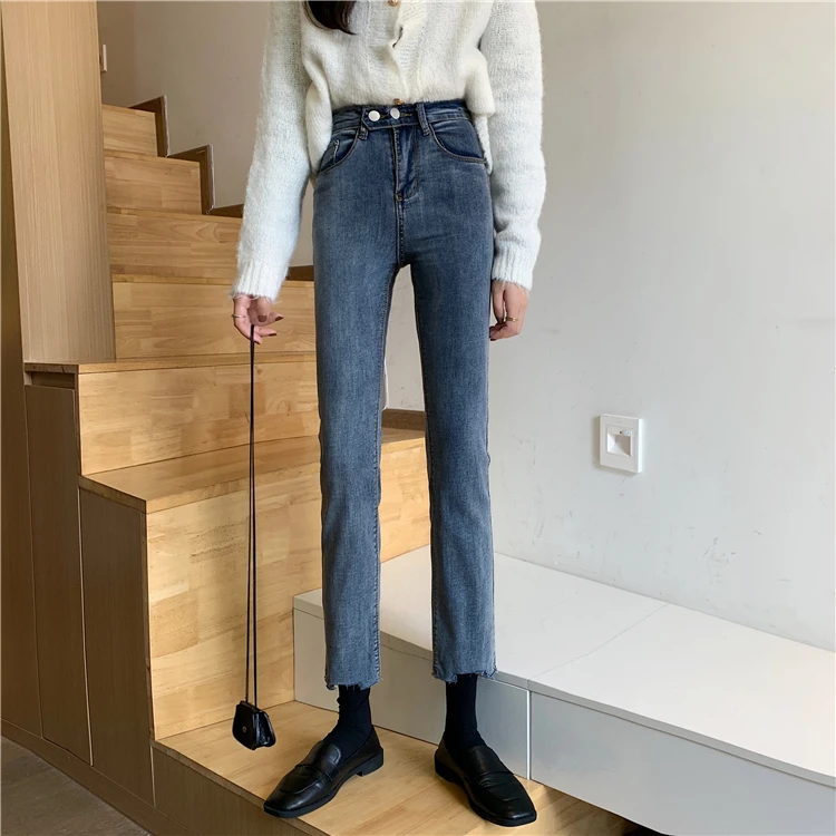 N0406  The new high-waist elasticity is thin and irregular all-match denim cropped jeans