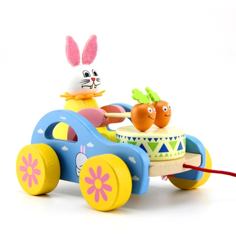 

E65D Cartoon Animal Drum Beat Pull Toy Car w/ Anti-Collision Wheel Boy Girl Xmas Gift