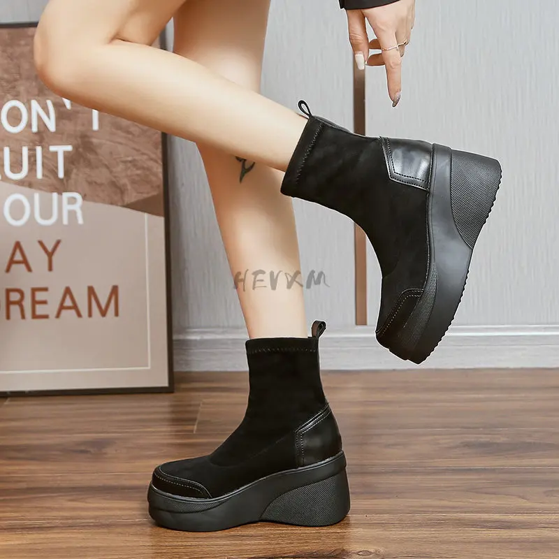 Autumn Boots Women Shoes Woman Boots Fashion Round toe Ankle Boots 2020 Winter Elastic Black Boots Comfortable Botas