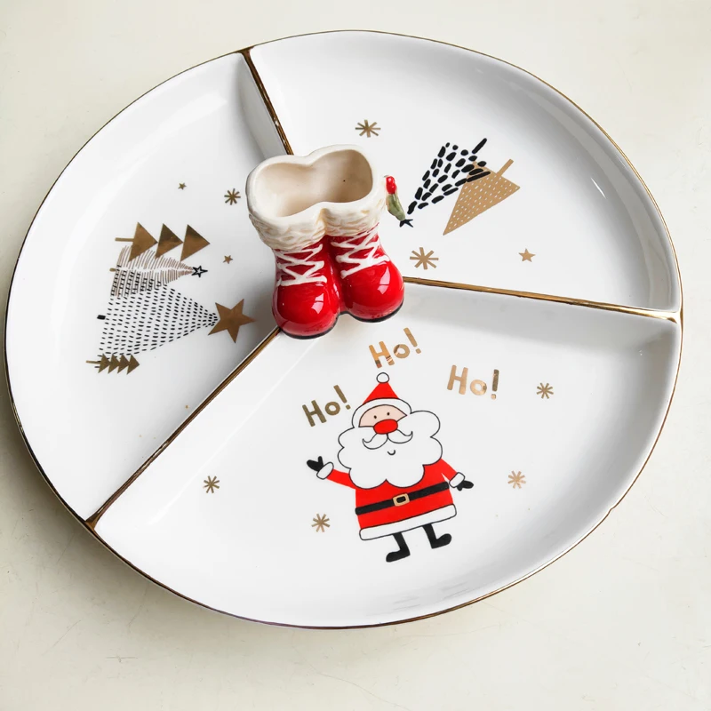 New Christmas Series Ceramic Tableware Large Plate Flat Plate Three Grid Ceramic Fruit Platter Dipping Platter Creative