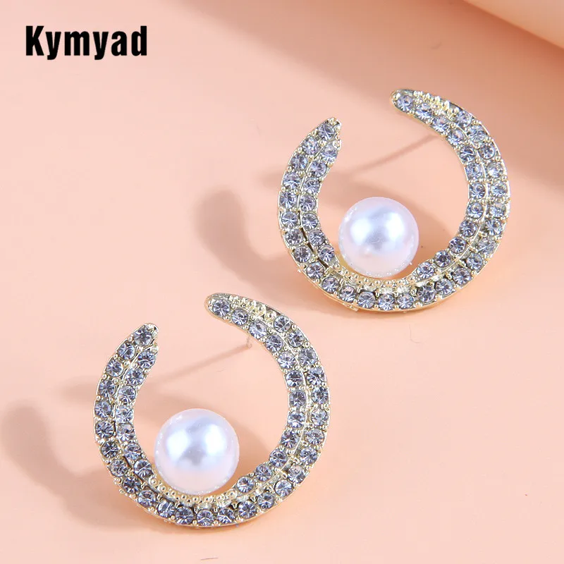

Kymyad Full Crystal Stud Earrings For Women Bijoux Gold Color Moon Shaped Statement Earings Fashion Jewelry