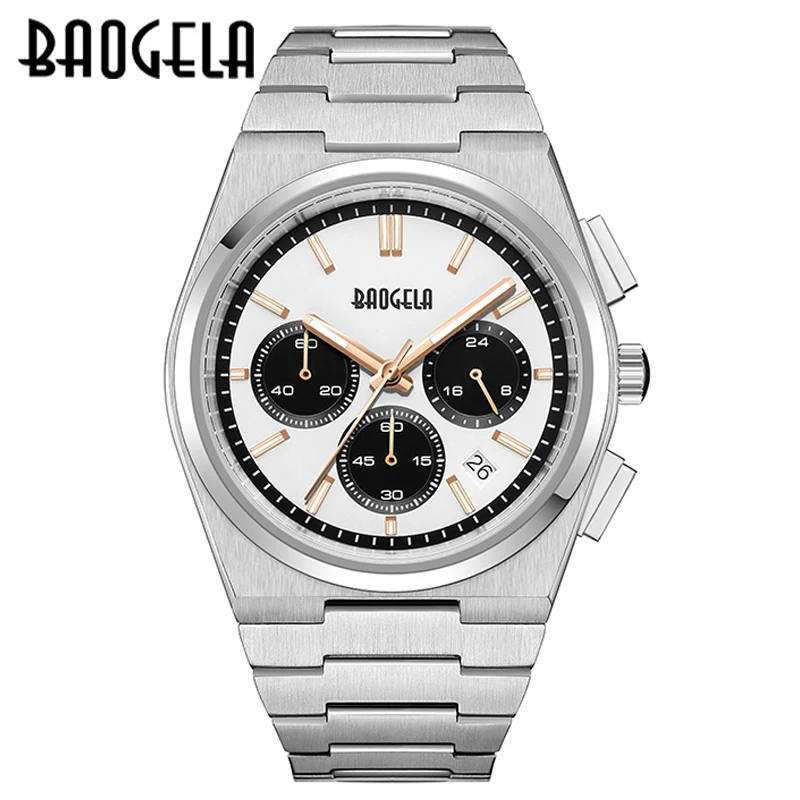 BAOGELA Mens Watch 50M Waterproof Full Steel Import Quartz Movement Top Brand Luxury Fashion Mens Business Date Wristwatch