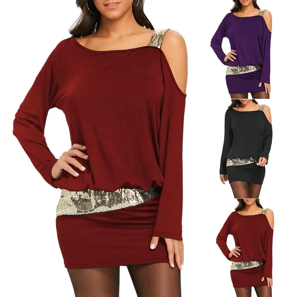 

Sexy Summer Autumn Dresses Long Sleeve One Shoulder Strap Sequins Stitching Bud Casual платье Women Mini Party Dress