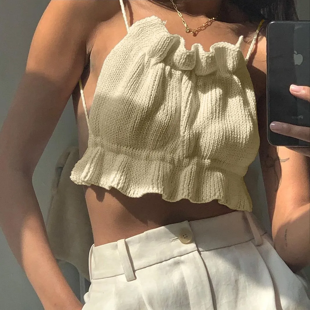 

Women Summer White Knitted Sexy Backless Corset Crop Top Y2k New Off Shoulder Short Tank Crochet Tops Ruffled Camis Tees Bandage