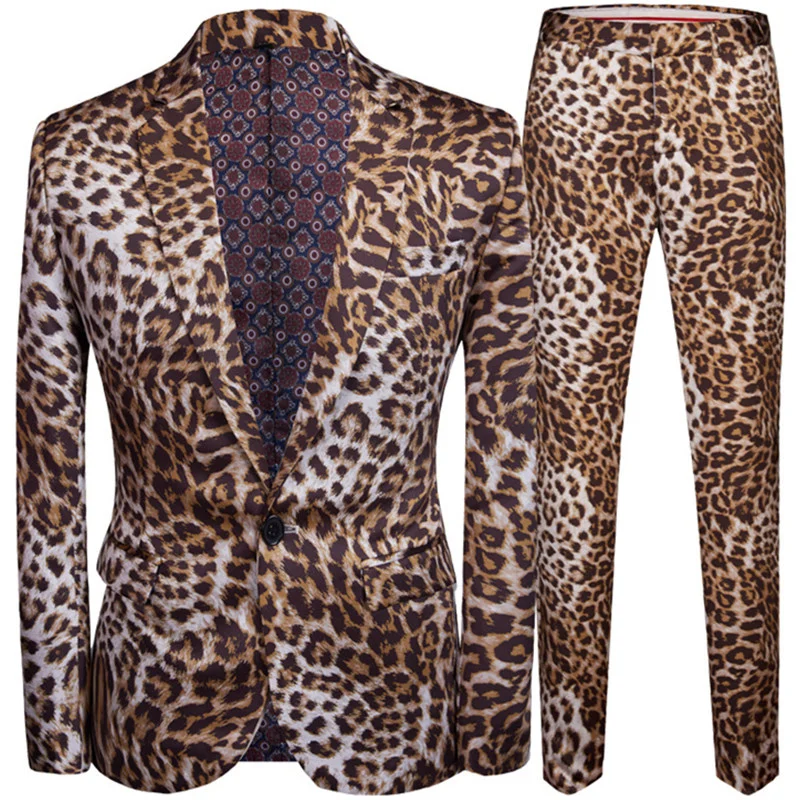 

2022 Fashion Men's Casual Boutique Leopard Print Nightclub Style Suit Jacket Pants / Male Two Pieces Blazers Coat Trousers Set