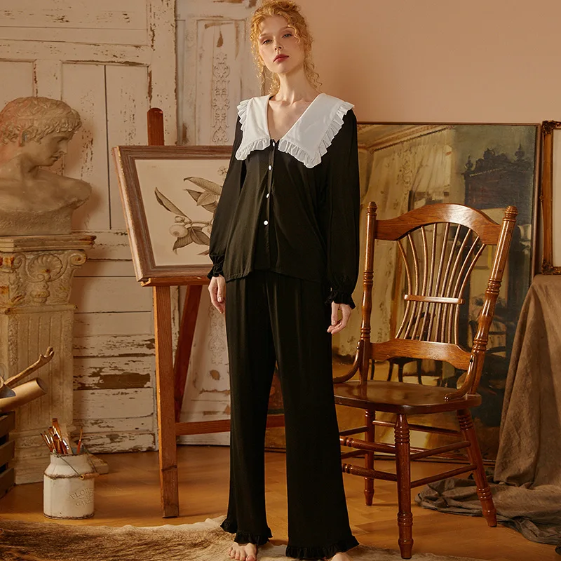Women's Simple Comfortable Splicing Stringy Selvedge Turn Down Collar  Pajama Sets Modal Comfort Sleepwear Pajamas