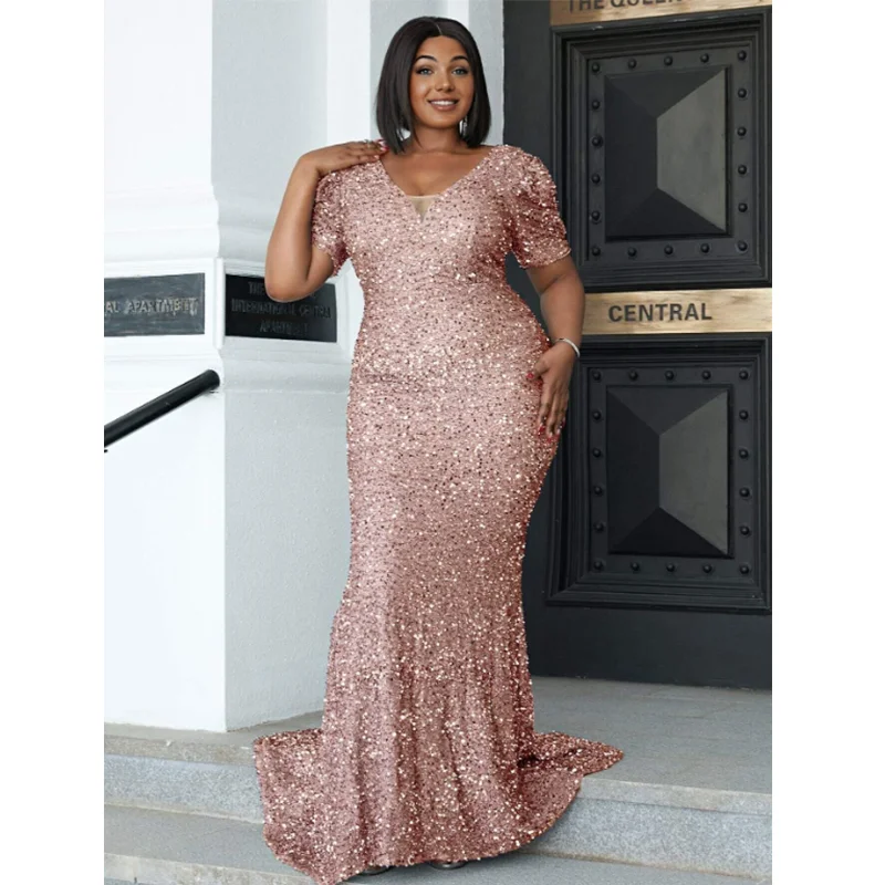 Plus Size V Neck Glitter Boycm Gray Dress 4XL5XL Elegant Sexy Prom Banquet XL Summer Sequin Bow Mermaid Maxi Evening Dresses