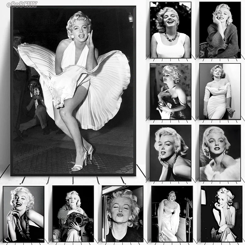 

Fashion Movie Star Marilyn Monroe Wall Art Pictures and Prints Canvas Painting Black and White Posters for Home Wall Decor Mural