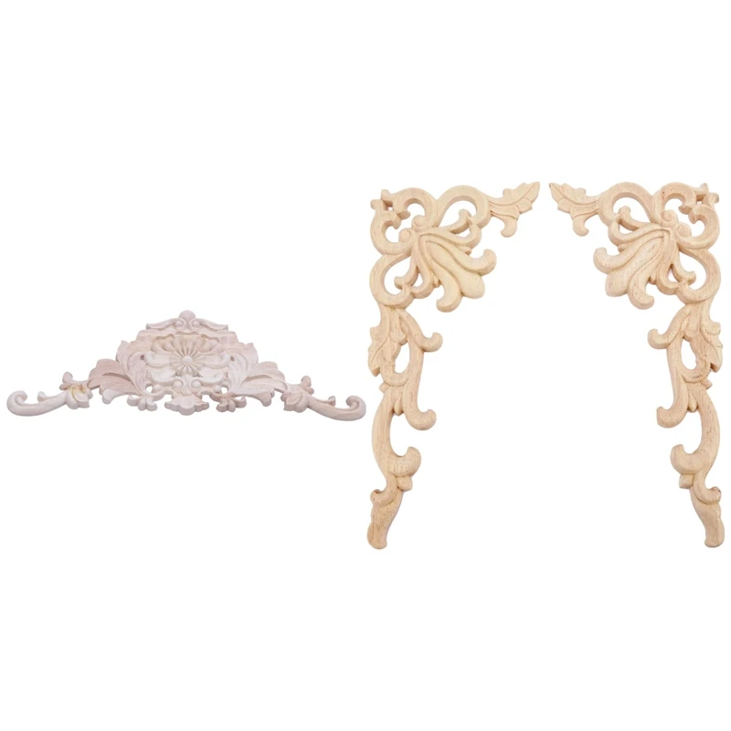 1X Rubber Wood Carved Applique 38 X 15 X 1.2Cm & 4Pcs European Floral Craft Furniture Carved Applique Wood Frame-FS-PHFU