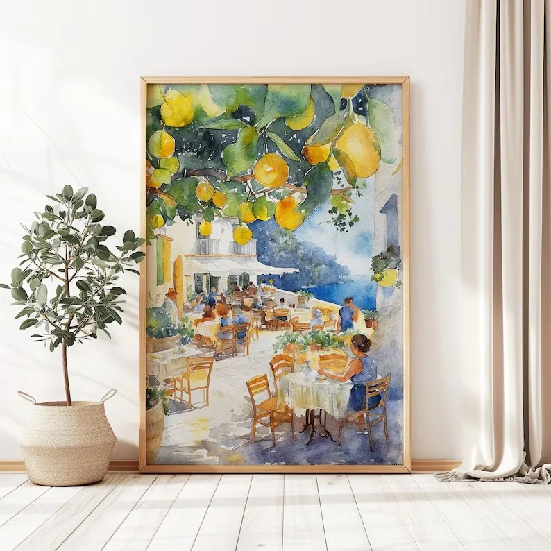 Ретро итальянский Positano Капри Амальфи Лимонное дерево БЕРЕГОВОЕ городское пейзаж